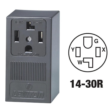 Leviton Straight Blade Receptacle, 14-30R, 30 A, 125/250V AC, 3 Pole, 4 Wire, Surface Mount, Grounded R20-55054-P00